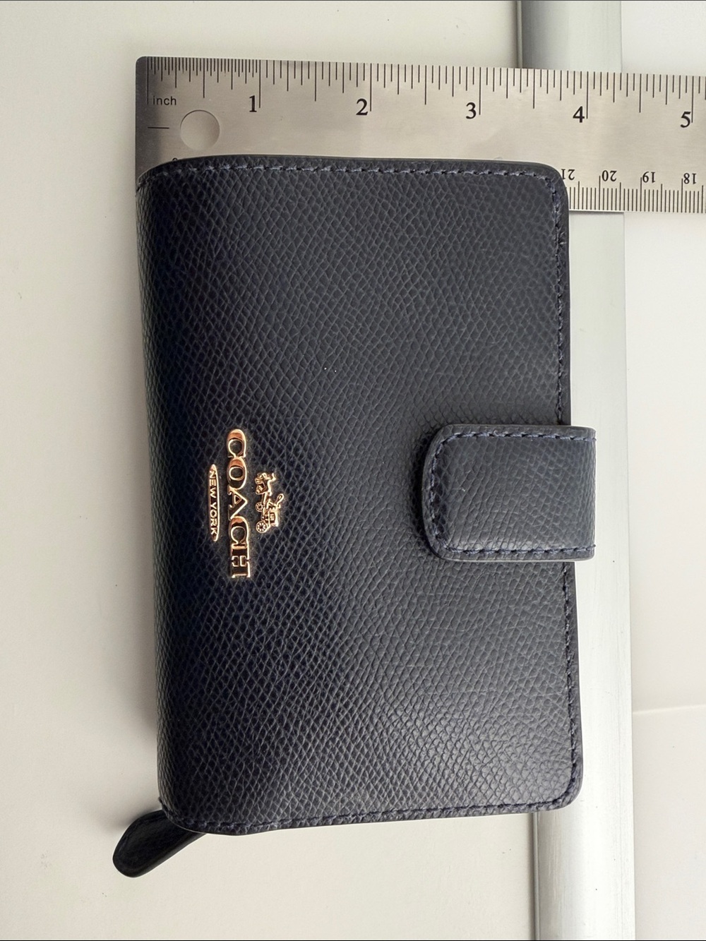 COACH Navy Textured Leather Card & Key Holder with Gold Logo